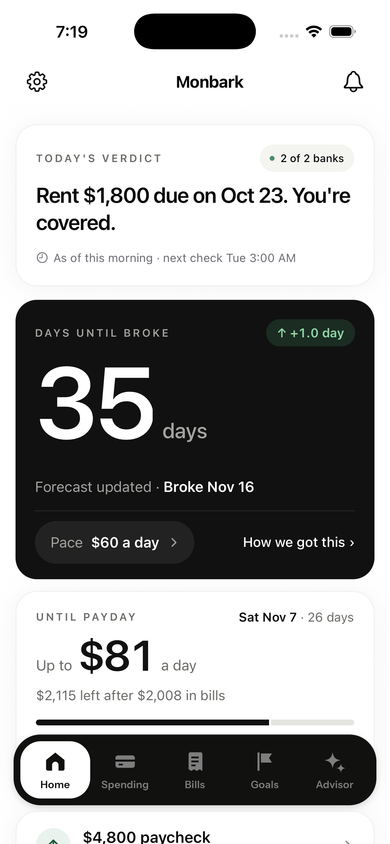 The real Monbark iPhone app showing 35 days until broke